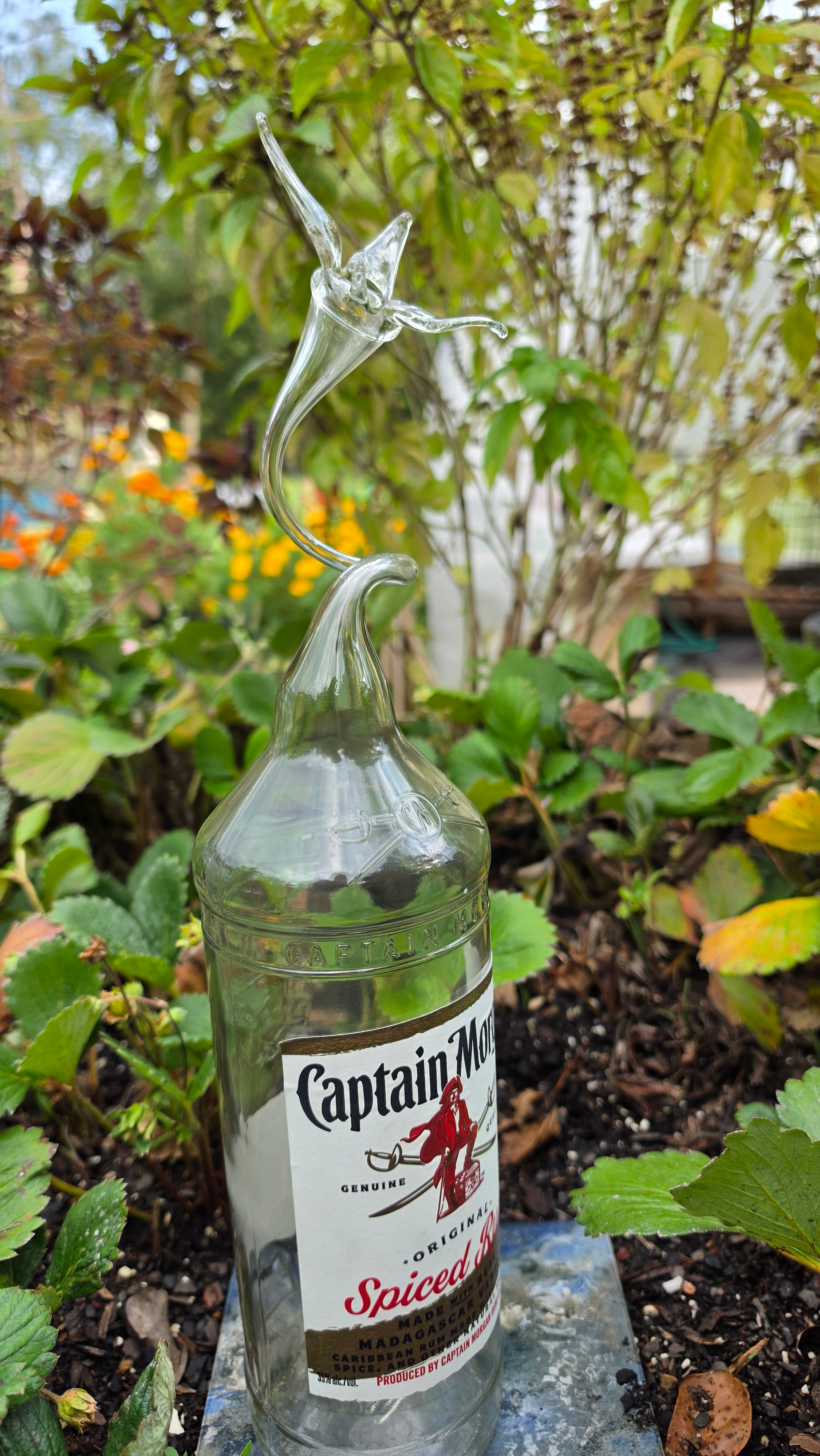 Captain Morgan Lily Bottle Sculpture – Handcrafted Floral Glass Art | Essenar